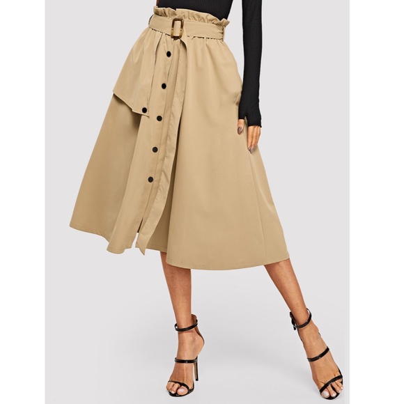 Trench Style Khaki Paper Bag Belted Midi Skirt - Picture 6 of 8